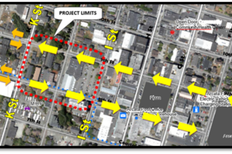 Aerial map showing project area and one way traffic on 8th and 9th streets